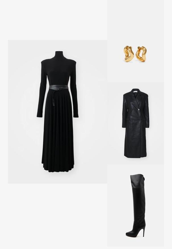 Must must nahkvarustus kahekordse nööpimisega, lõikega krae, esikottide ja siledaga tekstuuriga. Täispikk ja sirge siluetiga.; Norma Kamali SHOULDER PAD TURTLE FLARED DRESS TO MIDCALF - Trikotaažkleit - black; Must nahkne nahast saabas terava varba ja kõrge kontsaga valgel taustal.; Kullatoon kaareniid, millel on laineline disain, siledad ja läikivad pinnad ning voolujooneline kuju. Ühtki nähtavat kinnitust pole.