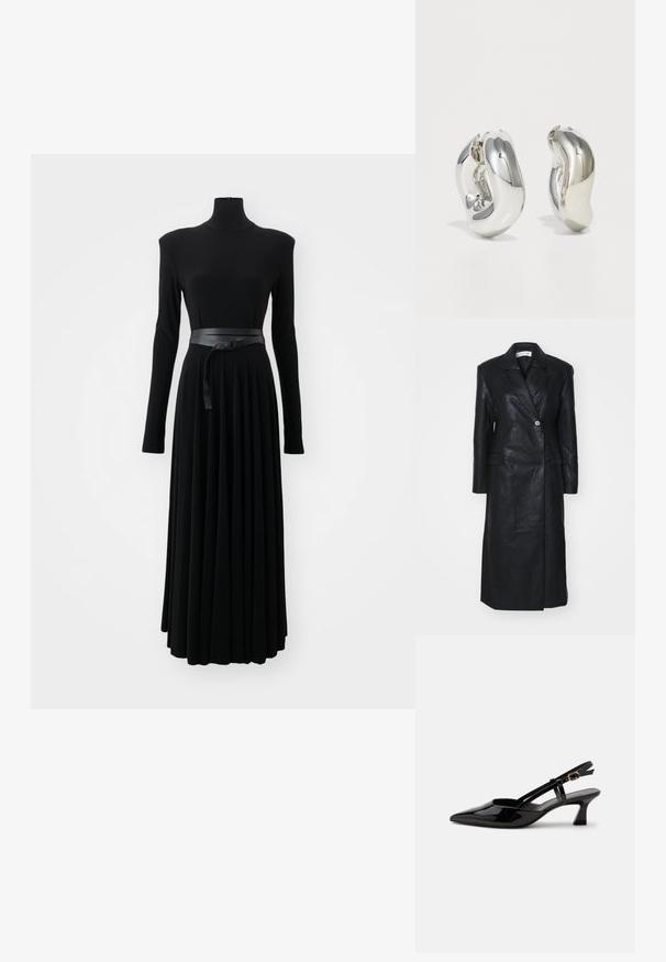 Zwarte leren jas met een dubbele knopenontwerp, ingerichte revers, voorkleurzakken en een soepele textuur. Volledige lengte met een rechte silhouet.; Norma Kamali SHOULDER PAD TURTLE FLARED DRESS TO MIDCALF - Jerseyjurk - black; Zwarte lakleren slingback kitten heel schoen met spitse neus en verstelbare gouden gespsluiting op een witte achtergrond.; Zilveren sculpturale oorbellen met gladde, gebogen vormen en reflecterende oppervlakken. Voorzien van een gesloten hoepelontwerp en een onderscheidende organische vorm.