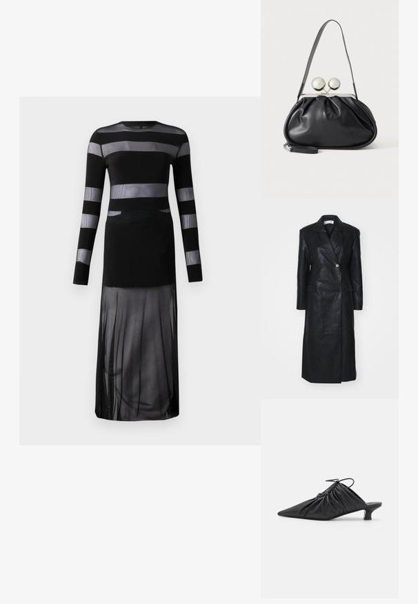 Zwarte leren jas met een dubbele knopenontwerp, ingerichte revers, voorkleurzakken en een soepele textuur. Volledige lengte met een rechte silhouet.; Zwart lang mouwend dress met doorschijnende horizontale strepen, een aansluitend lijfje en een vloeiende doorschijnende rok met een splitontwerp. Lichtgewicht stof.; Zwarte leren instappers met een spitse neus, gegatherde textuur en een kleine kittenhiel. Heeft een trekkoorddetail aan de opening.; Zwarte leren handtas met een geplooid ontwerp, een enkele schouderband, zilverkleurige metalen omlijsting en twee grote ronde zilveren sluitingen.