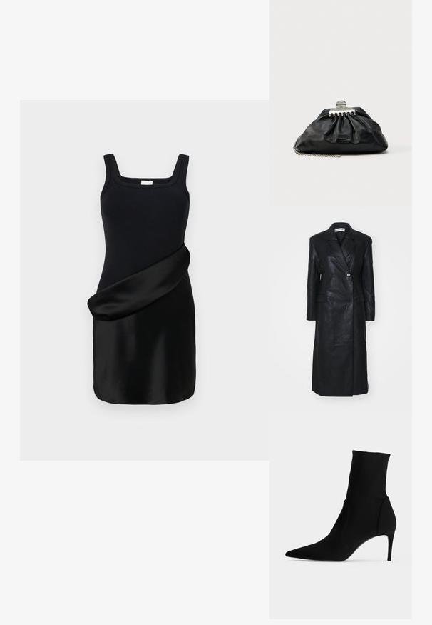 Must must nahkvarustus kahekordse nööpimisega, lõikega krae, esikottide ja siledaga tekstuuriga. Täispikk ja sirge siluetiga.; Mustmustel dress, millel ribitud tops ja ruudukujuline dekoltee, sile ja langev satiiniseelik. Kujundus ühendab vastandlikud tekstuurid.; Must pahkluuulatu saabas terava nina ja sihvaka kõrge kontsaga, külgvaates heledal taustal. Minimalistlik ja elegantne disain.; Mustast nahast käekott kogutud disainiga, hõbedane klamber ja ketist rihm. Esiküljel on peenelt reljeefne bränd.