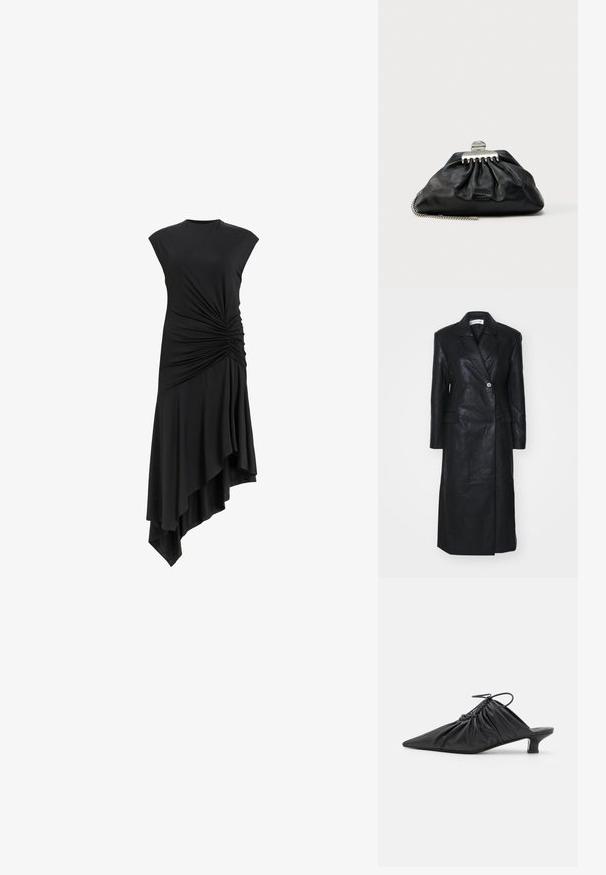 Abrigo de cuero negro con diseño de doble botonadura, solapas muescas, bolsillos frontales y una textura suave. De longitud completa y con una silueta recta.; Vestido negro sin mangas con detalles recogidos en el costado, con un dobladillo asimétrico que cae elegantemente. Textura de tela suave.; Mules negros de cuero sin hebillas con punta afilada, textura recogida y un pequeño tacón de gato. Presentan un detalle de cordón en la abertura.; Bolso de mano de cuero negro con diseño fruncido, cierre de herrajes plateados y correa de cadena. Marca sutil grabada en relieve en la parte delantera.