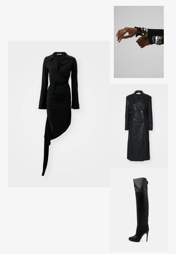 Manteau en cuir noir avec un design croisé, des revers crantés, des poches avant et une texture lisse. Longueur complète avec une silhouette droite.; Robe noire à manches longues avec un design drapé, texture plissée et ourlet asymétrique. Présente un col et un noeud à la taille. Tissu lisse.; Botte en cuir noire montant jusqu'au genou avec bout pointu et talon haut aiguille sur fond blanc.; Orelia STATEMENT MOLTEN CUFF - Bracelet - silver-coloured