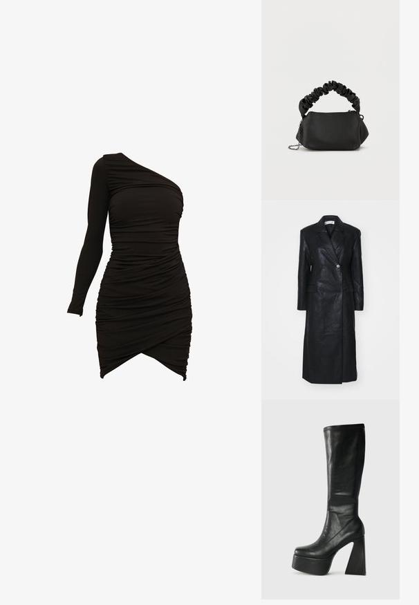 Abrigo de cuero negro con diseño de doble botonadura, solapas muescas, bolsillos frontales y una textura suave. De longitud completa y con una silueta recta.; Vestido negro de un solo hombro, confeccionado en material elástico, con detalles fruncidos y un dobladillo asimétrico que proporciona una silueta ajustada.; Bota de cuero negra hasta la rodilla con una plataforma gruesa y un tacón geométrico. Textura suave con detalles de costura en el borde superior.; Bolso negro con forma redondeada, hecho de material suave. Cuenta con un asa suave y arrugada y una correa de cadena de metal para mayor versatilidad.