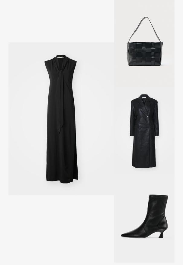 Čierny kožený kabát s dvojradovým zapínaním, strihanými klopami, prednými vreckami a hladkou textúrou. Dlhý po celú dĺžku s rovnou siluetou.; Čierne maxi šaty bez rukávov s viazaným golierom, splývavý materiál, bočný rozparok a hladká textúra. Jednoduchý a elegantný dizajn.; Čierna kožená čižma po stred lýtka s špicatou špičkou a nízkym kitten podpätkom, zobrazená z boku na svetlom jednofarebnom pozadí.; Čierna kožená kabelka so širokým tkaným vzorom a jedným ramenným popruhom, obdĺžnikového tvaru, vystavená na jednoduchom svetlom pozadí.