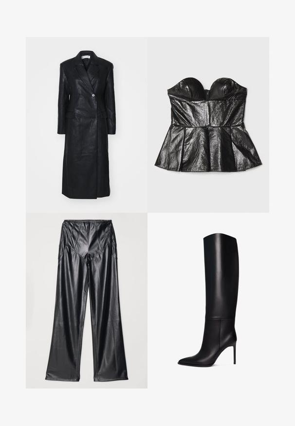 Sort læderfrakke med dobbelt-knappet design, Nashville krave, for-lommer og en glat tekstur. Hel længde med en lige silhuet.; Sara Battaglia SWEETHEART - Top - black; Sorte kunstlæderbukser med en glat tekstur, brede ben og syninger langs taljen og siderne. Præsenteret i flad visning.; Knæhøj sort læder stiletto støvle med spids tå. Glat tekstur, struktureret design og en slank høj hæl. Ingen synlig hardware eller mønstre.