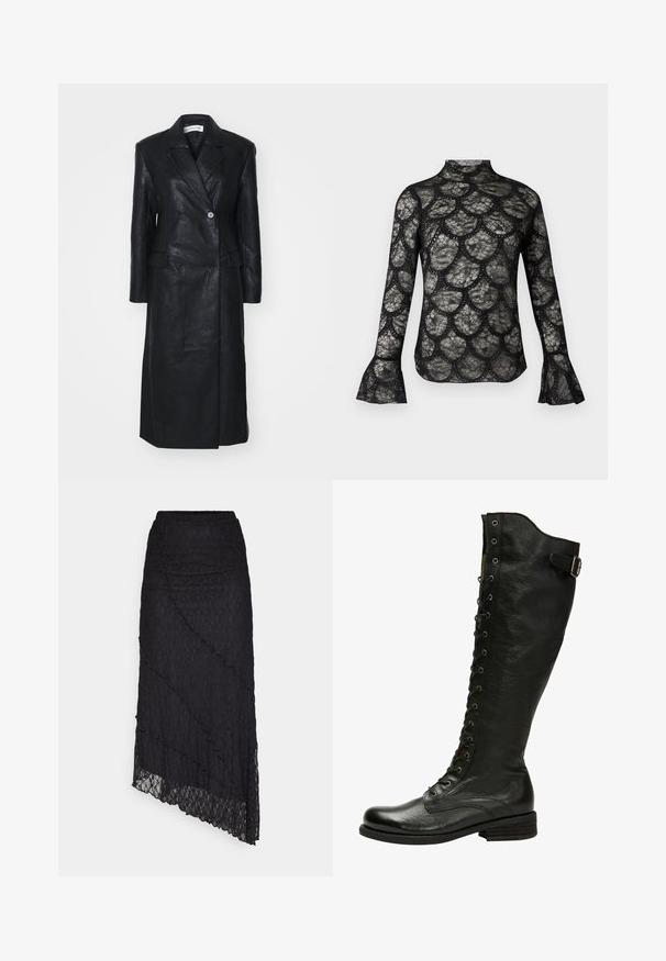 Sort læderfrakke med dobbelt-knappet design, Nashville krave, for-lommer og en glat tekstur. Hel længde med en lige silhuet.; Sort blonde top med høj krave og flagrende lange ærmer, med et bølget mønster gennem hele stoffet.; ONLY ONLKIM SLIT - Maxinederdele - black; Sorte læder knæhøje støvler med snørebånd foran, sølvøjer og sidebælte. Har en tekstureret overflade og stablet hæl.