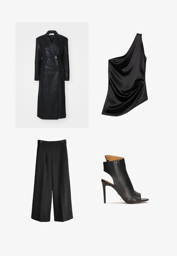 Schwarze Lederjacke mit doppeltreihigem Design, Reverskragen, Fronttaschen und einer glatten Textur. Vollständig in Länge und mit gerader Silhouette.; Schwarzes Satin-Top mit asymmetrischem Ausschnitt, gerafftem Stoffdetail und weicher Textur. Es hat einen Schulterträger und eine fließende Silhouette.; Schwarzweite Hosen mit hoher Taille, aus glattem Material gefertigt. Verfügt über zwei Vordertaschen und zwei Knöpfe am Bund.; Schwarze Leder-Sandaletten mit hohem Absatz, offen an der Zehe und mit ausgeschnittenem Design. Verfügt über einen Stiletto-Absatz und einen konturierten Knöchelbereich.