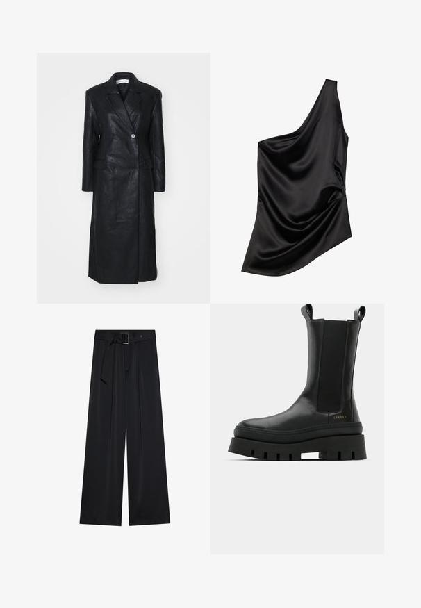 Sort læderfrakke med dobbelt-knappet design, Nashville krave, for-lommer og en glat tekstur. Hel længde med en lige silhuet.; Sort satin-top med en asymmetrisk halsudskæring, draperet stofdetalje og blød tekstur. Har én skulder og en flydende silhuet.; Sorte breddebenede bukser lavet af glat stof, med en høj talje og detaljer med bælte og løkker samt markante plissee foran.; Sorte ankelstøvler med en glat læderfinish, elastiske sidepaneler og en chunky, struktureret platformssål, der har et logo-detail.