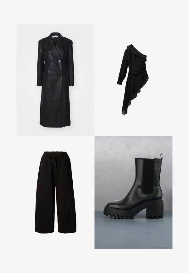 Abrigo de cuero negro con diseño de doble botonadura, solapas muescas, bolsillos frontales y una textura suave. De longitud completa y con una silueta recta.; Vestido negro de tejido fluido, con un diseño de un solo hombro, frente drapeado, manga larga y dobladillo asimétrico.; Pantalones negros de pierna ancha con cintura elástica y cordón, con bolsillos laterales, mostrados sobre un fondo blanco.; Botín de cuero negro hasta el tobillo con puntera redonda, suela de plataforma gruesa y acentos de malla en los laterales. Cuenta con una lengüeta para facilitar el calzado.