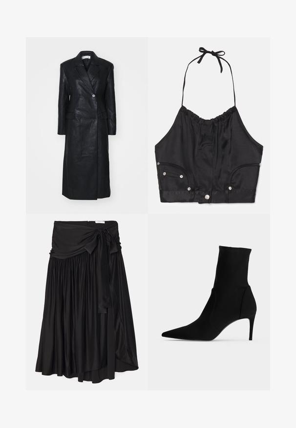 Sort læderfrakke med dobbelt-knappet design, Nashville krave, for-lommer og en glat tekstur. Hel længde med en lige silhuet.; Sort satin halterneck crop top med samlede tekstur, justerbar snor i halsen, knapper foran og to sidelommer med sølv hardware detaljer.; Sort nederdel lavet af glat, flydende stof; har en bred, draperet talje med en snøre og plisserede detaljer for en luftig form.; Sort ankelstøvle med spids tå og slank høj hæl, vist i profil på en lys baggrund. Elegant, minimalistisk design.