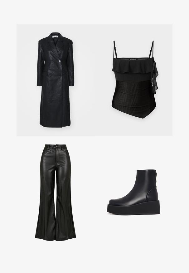 Abrigo de cuero negro con diseño de doble botonadura, solapas muescas, bolsillos frontales y una textura suave. De longitud completa y con una silueta recta.; Top negro con tirantes delgados ajustables, diseño de volantes en capas en el escote y un cuerpo de textura suave. El lateral tiene un acento fluido y transparente.; Pantalones de cuero negro acampanados con una textura suave, que cuentan con una cintura alta, cierre de botón y bolsillos frontales. Diseño de pierna ancha y acabado pulido.; Botín negro de cuero suave con punta redondeada y suela de plataforma gruesa, que presenta costuras mínimas y una lengüeta en la parte trasera.