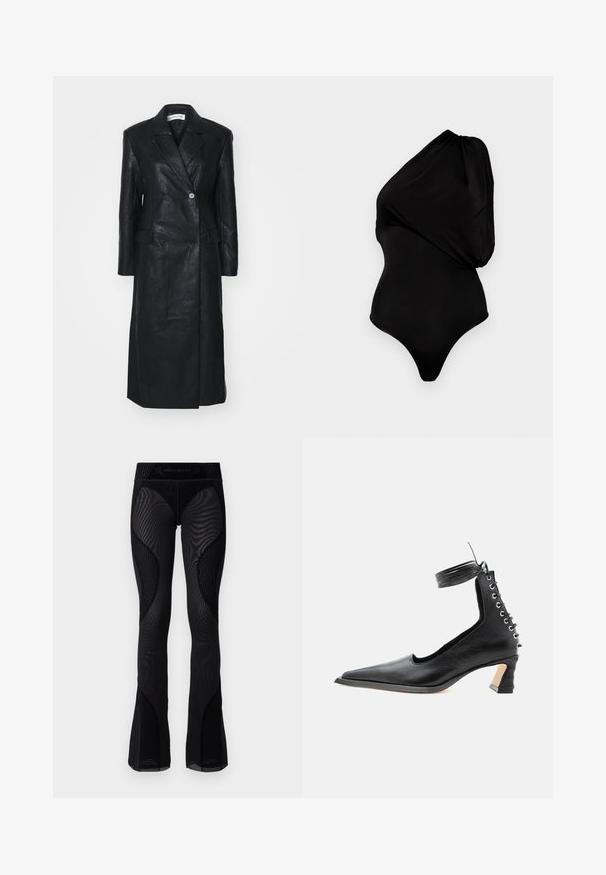 Sort læderfrakke med dobbelt-knappet design, Nashville krave, for-lommer og en glat tekstur. Hel længde med en lige silhuet.; Sort one-shoulder bodystocking lavet af glat materiale, med en draperet design og tætsiddende silhuet med højt skåret ben.; Sorte mesh flared leggings med tekstureret detaljering og mønstrede indsæt. Har en høj talje med brandlogo øverst.; Sort lavhælet lædersko med spids tå, snøredetalje bagpå og ankelrem mod en ensartet hvid baggrund.