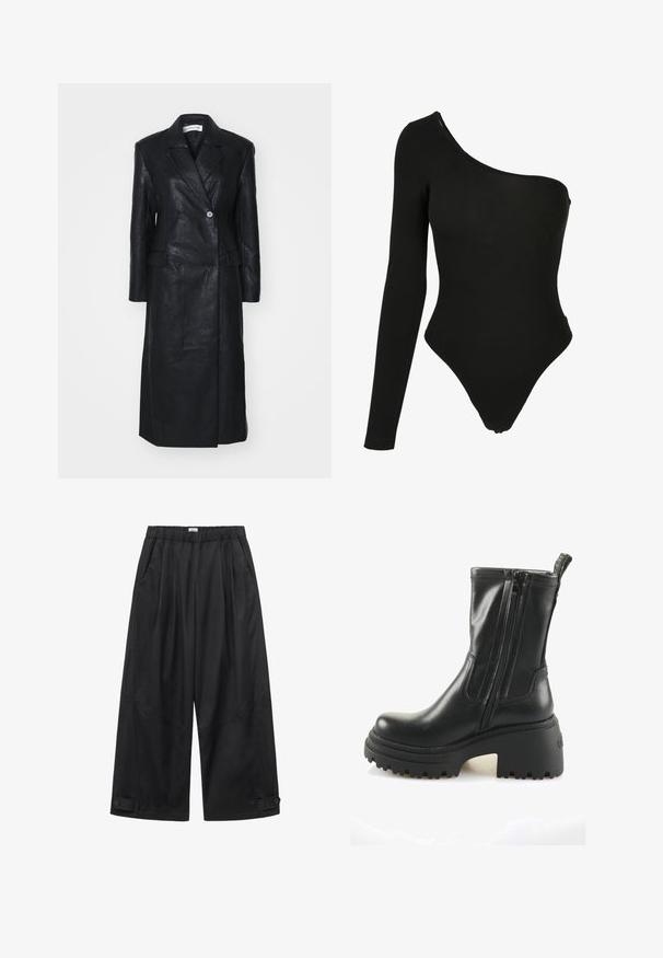 Manteau en cuir noir avec un design croisé, des revers crantés, des poches avant et une texture lisse. Longueur complète avec une silhouette droite.; Bodysuit noir à épaule unique en tissu extensible, doté d'une manche longue d'un côté, d'ouvertures de jambe à taille haute et d'une silhouette ajustée.; Pantalon noir à jambes larges avec ceinture élastique, poches latérales et pattes boutonnées à l'ourlet.; Bottines en cuir noir avec doubles zips, semelle intermédiaire épaisse et semelle en caoutchouc texturé. Dispose d'une languette à l'arrière pour un enfilage facile.