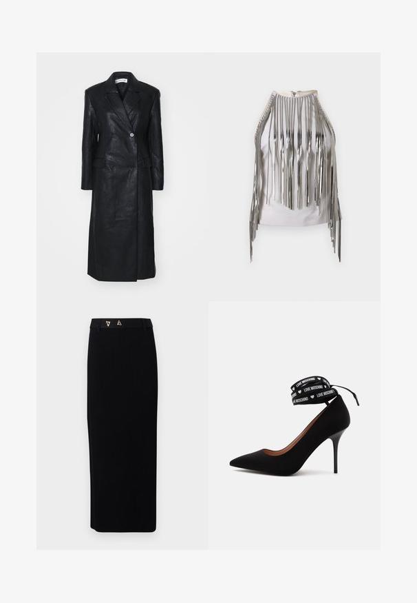 Abrigo de cuero negro con diseño de doble botonadura, solapas muescas, bolsillos frontales y una textura suave. De longitud completa y con una silueta recta.; Top blanco sin mangas con largas franjas metálicas plateadas a lo largo de los costados y el escote, creando una textura y apariencia contrastantes impresionantes.; AERON FORUM - Falda de tubo - black; Zapato de tacón alto negro con punta afilada y correa envolvente en el tobillo con texto "LOVE MOSCHINO" y pequeños símbolos de corazón en blanco.