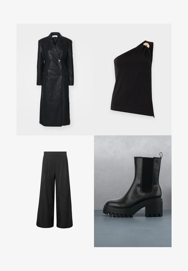 Schwarze Lederjacke mit doppeltreihigem Design, Reverskragen, Fronttaschen und einer glatten Textur. Vollständig in Länge und mit gerader Silhouette.; Schwarzes ärmelloses Ein-Schulter-Top mit goldenem runden Schnallendetail am Träger, glatter Stoff, taillierte Silhouette.; Schwarze, hoch taillierte, weite, verkürzte Hose mit vorderen Falten und einem taillierten Bund, auf weißem Hintergrund dargestellt.; Schwarze Leder-Stiefelette mit runder Zehenform, chunky Plateausohle und Netzseiteneinsätzen. Verfügt über eine Zuglasche für einfaches An- und Ausziehen.
