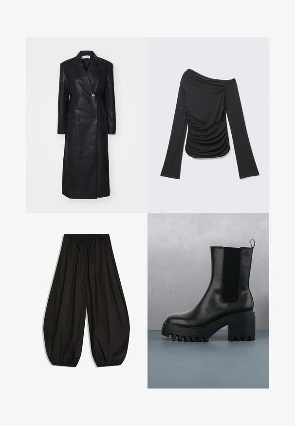 Sort læderfrakke med dobbelt-knappet design, Nashville krave, for-lommer og en glat tekstur. Hel længde med en lige silhuet.; Sort langærmet top med asymmetrisk off-shoulder halsudskæring og rynkede detaljer på siderne og foran.; Sorte vidde bukser med elastisk talje og samlede elastiske manchetter, lavet af let stof.; Sort læder ankelstøvle med rund tå, kraftig platformssål og mesh-sidede accenter. Har en trækflig for nem påtagning.