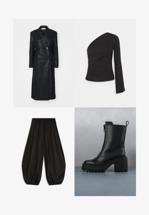 Sort læderfrakke med dobbelt-knappet design, Nashville krave, for-lommer og en glat tekstur. Hel længde med en lige silhuet.; Asymmetrisk langærmet top i sort, med en sammensamlet side for tekstur og en tætsiddende silhuet. Lavet af blødt, strækbart materiale.; Sorte vidde bukser med elastisk talje og samlede elastiske manchetter, lavet af let stof.; Sorte læder ankelstøvler med kraftig sål, blokhæl, lynlås i siden og trækflap bagpå på en ensfarvet hvid baggrund.