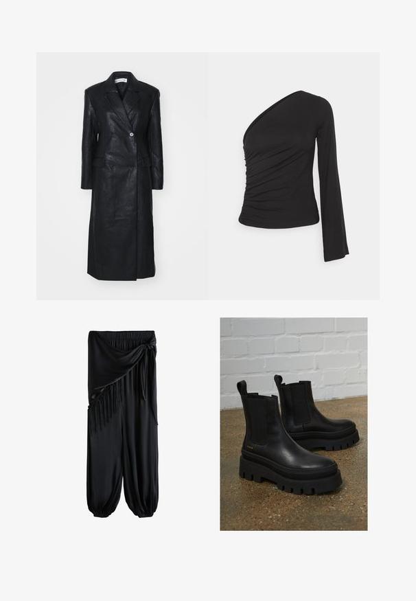 Sort læderfrakke med dobbelt-knappet design, Nashville krave, for-lommer og en glat tekstur. Hel længde med en lige silhuet.; Asymmetrisk langærmet top i sort, med en sammensamlet side for tekstur og en tætsiddende silhuet. Lavet af blødt, strækbart materiale.; Sorte vidde bukser med elastisk talje, bundet bånd og frynser på den ene side, samlet ved anklerne.; Sort læder ankelstøvler med elastiske sidepaneler, tykke sorte platformssåler og syninger, der har en løftesanordning for nem påtagning.