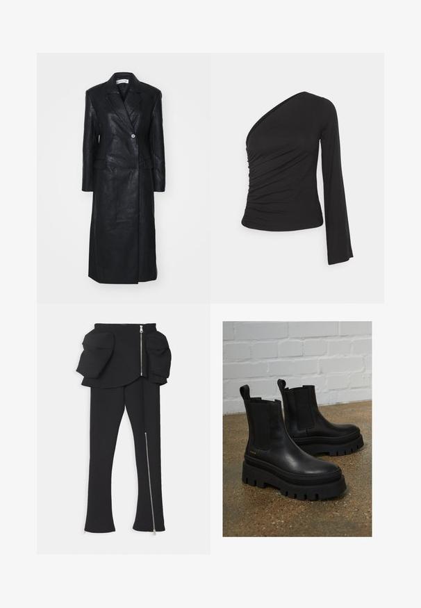 Sort læderfrakke med dobbelt-knappet design, Nashville krave, for-lommer og en glat tekstur. Hel længde med en lige silhuet.; Asymmetrisk langærmet top i sort, med en sammensamlet side for tekstur og en tætsiddende silhuet. Lavet af blødt, strækbart materiale.; A.W.A.K.E. MODE BASQUE PANTS WITH ZIPS AND LARGE POCKETS - Bukser - black; Sort læder ankelstøvler med elastiske sidepaneler, tykke sorte platformssåler og syninger, der har en løftesanordning for nem påtagning.