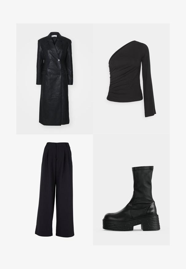 Sort læderfrakke med dobbelt-knappet design, Nashville krave, for-lommer og en glat tekstur. Hel længde med en lige silhuet.; Asymmetrisk langærmet top i sort, med en sammensamlet side for tekstur og en tætsiddende silhuet. Lavet af blødt, strækbart materiale.; Bredde bukser i sort stof med frontpliser, knaplukning og en glat overflade. Skræddersyet design med høj talje.; Sort læderstøvle til midt på læggen med tyk mønstret platåsål og blokhæl på en enkel lys baggrund.