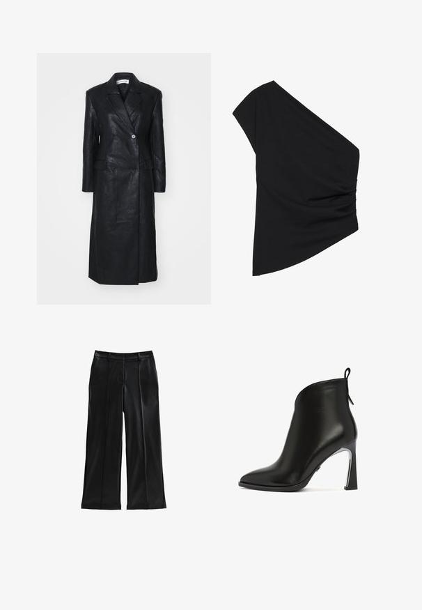 Abrigo de cuero negro con diseño de doble botonadura, solapas muescas, bolsillos frontales y una textura suave. De longitud completa y con una silueta recta.; Top negro de un solo hombro hecho de tela elástica, con un detalle fruncido en el costado y un dobladillo asimétrico. Textura suave con un ligero caída.; Pantalones anchos de imitación cuero negro con pliegues, bolsillos frontales, una textura suave y un ajuste entallado. Presenta una cintura de corte medio.; Bota de tobillo de cuero negro con punta afilada, diseño superior curvado y tacón metálico. Cuenta con una pestaña en la parte trasera.