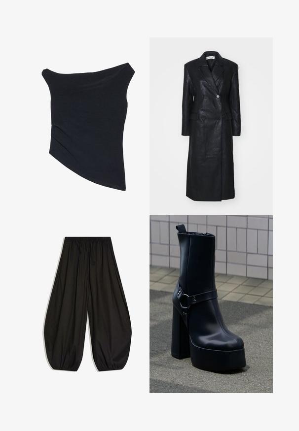 Manteau en cuir noir avec un design croisé, des revers crantés, des poches avant et une texture lisse. Longueur complète avec une silhouette droite.; Haut noir, décolleté asymétrique, avec une coupe ajustée, un ourlet asymétrique et une texture douce et lisse. Il met en valeur un tissu froncé au niveau du col.; Pantalon noir à jambes larges avec taille élastique et poignets élastiques froncés, fabriqué en tissu léger.; Bottine à plateforme en cuir noir avec talon haut épais et sangle décorative, posée sur un trottoir gris devant un mur carrelé.