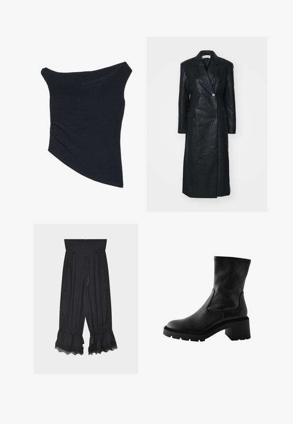 Abrigo de cuero negro con diseño de doble botonadura, solapas muescas, bolsillos frontales y una textura suave. De longitud completa y con una silueta recta.; Top negro, con tirantes caídos, de diseño ajustado, con un dobladillo asimétrico y una textura suave y lisa. Presenta tela fruncida en el escote.; Pantalones negros de pierna ancha con cintura alta, cordón ajustable, adorno de encaje en los laterales y bajos fruncidos con borlas en la parte inferior.; Botín negro de cuero hasta el tobillo con tacón cuadrado y paneles laterales elásticos. Presenta una textura suave y detalles acanalados alrededor del borde superior.
