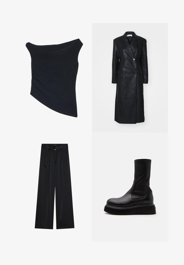 Abrigo de cuero negro con diseño de doble botonadura, solapas muescas, bolsillos frontales y una textura suave. De longitud completa y con una silueta recta.; Top negro, con tirantes caídos, de diseño ajustado, con un dobladillo asimétrico y una textura suave y lisa. Presenta tela fruncida en el escote.; Pantalones de pierna ancha negros, confeccionados en una tela suave, que presentan una cintura alta con un cinturón y detalles de lazo, y pliegues frontales prominentes.; Bota de cuero negra hasta media pantorrilla con suela gruesa de plataforma estriada y empeine liso, mostrada de perfil sobre un fondo claro.