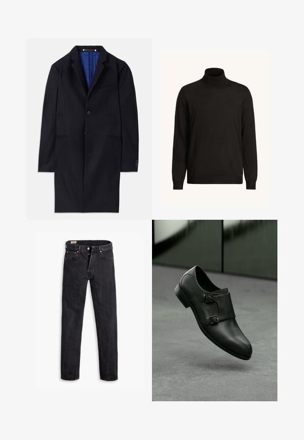 Marineblauwe wol overjas met een enkele knoopsluiting, ingeknipte revers en twee zijzakken. Voorzien van een blauwe binnenvoering en minimale stikdetails.; Zwarte turtleneck trui van fijn breiwerk, met lange mouwen, een aansluitende kraag en een gladde textuur zonder patronen.; Zwarte high-rise rechte jeans met knopen en vijf zakken, plat liggend op een witte achtergrond.; Zwarte leren schoen met een slank ontwerp, voorzien van twee zilveren gespaccenten en een ronde neus, tegen een grijze achtergrond.