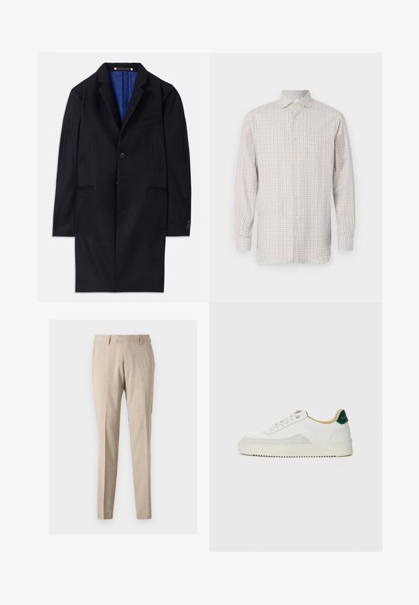 Navyblauer Wollmantel mit einem einreihigen Knopfverschluss, mit spitzen Revers und zwei seitlichen Taschen. Verfügt über ein blaues Innenfutter und minimalistische Nähdetails.; Langarmhemd in Hellbeige mit kariertem Muster. Verfügt über einen Kentkragen und Knopfverschlüsse, mit goldfarbenen Knöpfen und einer lockeren Passform.; Beige, taillierte Hose aus leichtem Stoff, mit vorderen Falten, zwei seitlichen Taschen und einer glatten Textur.; Weiße Sneaker mit Wildlederelementen, runder Zehenpartie, flachen Schnürsenkeln und einer cremefarbenen Gummisohle. Mit grünen Markenlogo am Fersenbereich.