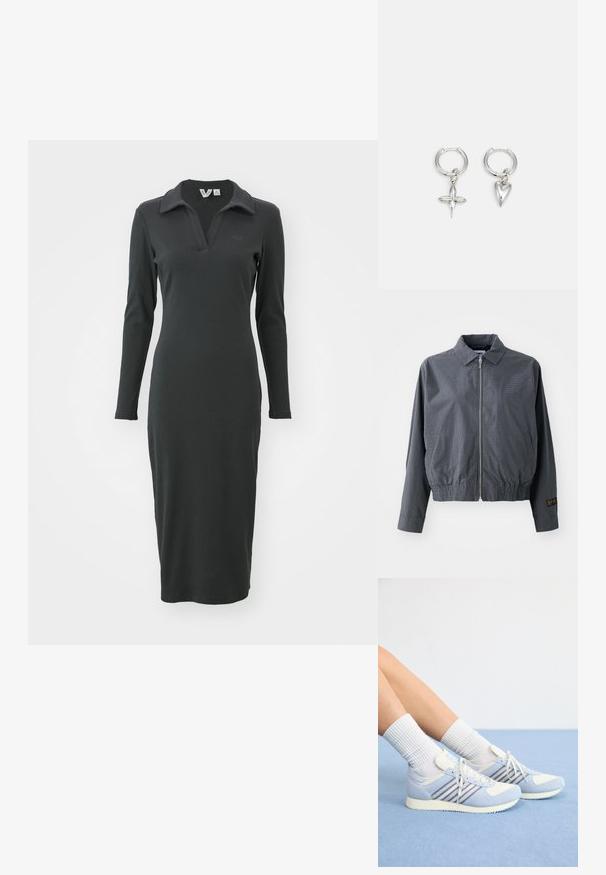 Veste bomber à carreaux gris, en tissu léger, avec fermeture éclair, col, ourlet élastique, poches latérales et détail de logo contrastant sur la manche.; Robe noire à manches longues en maille côtelée, avec un col polo et une fente en bas. Présente un logo discret sur la poitrine. Design élégant et ajusté.; Baskets bleu clair avec des accents blancs, arborant trois rayures violettes, un tissu texturé et une semelle douce et ornée de motifs. Associées à des chaussettes blanches à côtes.; Boucles d'oreilles en argent en forme de cerceau avec un charme croix et cœur. Texture lisse et brillante avec une finition polie. Chaque charmepend d'une boucle sécurisée.