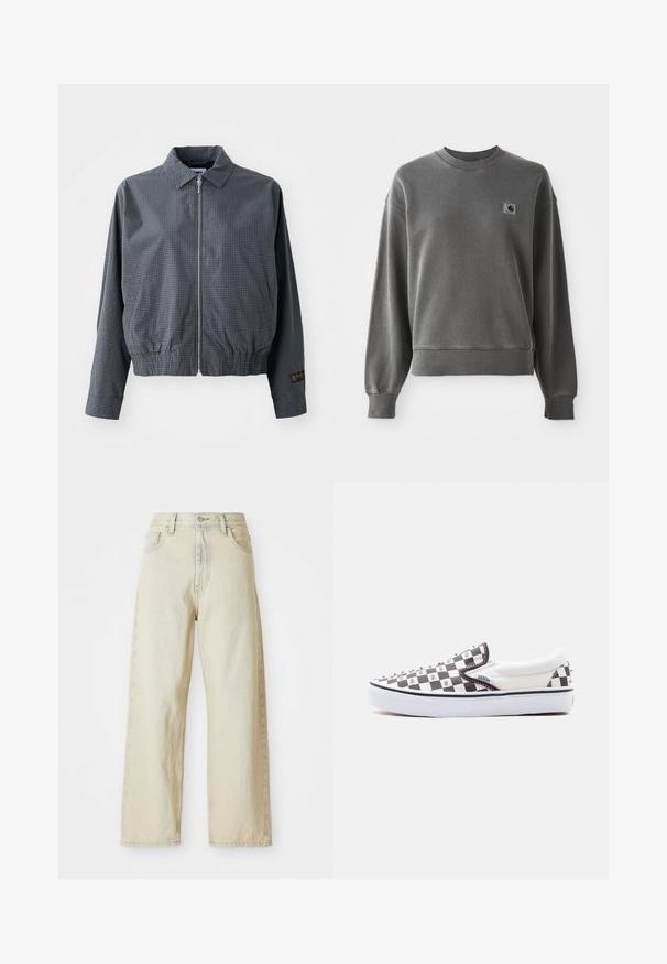 Γκρι καρό bomber jacket, ελαφρύ ύφασμα, κλείσιμο με φερμουάρ, γιακάς, ελαστική μέση, πλαϊνές τσέπες και αντίθετη λεπτομέρεια λογότυπου στο μανίκι.; Γκρι ζακέτα με στρογγυλή λαιμόκοψη, φτιαγμένη από λεία βαμβακερή σύνθεση, με ραμμένα μανίκια και μικρή λογότυπη ετικέτα στην αριστερή πλευρά του στήθους.; Τζιν παντελόνι σε ελαφρύ μπεζ χρώμα με φαρδιές γραμμές, διαθέτει μπροστινές τσέπες, ψηλή μέση και διακριτές ραφές. Κατασκευασμένο από υφασμάτινο τζιν.; Παπούτσι Vans χαμηλού προφίλ χωρίς κορδόνια με ασπρόμαυρο καρό μοτίβο, μεταλλικά τρουκς στο πάνω μέρος, λευκή λαστιχένια σόλα και ετικέτα με το λογότυπο Vans στο πλάι.