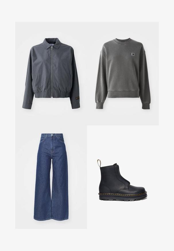 Grijze geruite bomberjack, lichtgewicht stof, ritssluiting, kraag, elastische zoom, zijzakken en contrasterend logo detail op de mouw.; Grijze pullover sweatshirt van een gladde katoenmix, met een ronde hals, geribbelde manchetten en een klein logopatch op de linkerkant van de borst.; Wijd-uitlopende jeans van donkerblauwe denim. Hoge taille met een ritssluiting en knoopsluiting. Bevat klassieke vijf-pocket styling en gezoomde randen.; Zwarte leren enkelboot met elastische zijpanelen, ronde neus, contrasterende gele stiksels en een robuuste rubberen zool.