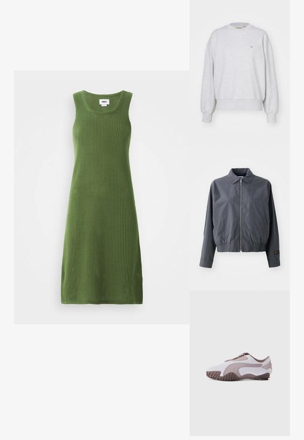Veste bomber à carreaux gris, en tissu léger, avec fermeture éclair, col, ourlet élastique, poches latérales et détail de logo contrastant sur la manche.; Carhartt WIP CASEY - Sweatshirt - ash heather/silver; Robe sans manches en maille de couleur olive avec une texture côtelée, dotée d'un col rond et de fentes latérales pour plus de liberté de mouvement.; Chaussure de sport gris clair avec une tige en daim souple, une semelle en caoutchouc dotée de pointes texturées et un design flexible. Logo latéral dans une teinte plus foncée.