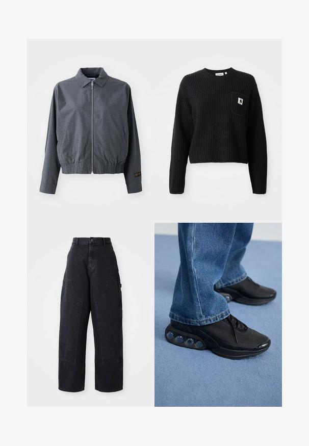 Sivá károvaná bomber bunda, ľahký materiál, zips, golier, elastický lem, bočné vrecká a kontrastný detail loga na rukáve.; Čierny rebrovaný pletený sveter s okrúhlym výstrihom, dlhými rukávmi a prednou vreckom s malou logom nášivkou. Skúsená dĺžka.; Čierne denimové široké nohavice s vysokým pásom, dvoma veľkými prednými vreckami a gombíkovým zapínaním na páse. Hladká textúra, ležérny dizajn.; Čierne atletické tenisky s vrchným materiálom z elastického sieťového textilu, s textúrovanými akcentmi a viditeľnými vzduchovými podložkami v podrážke. Nosené s modrými džínsami.