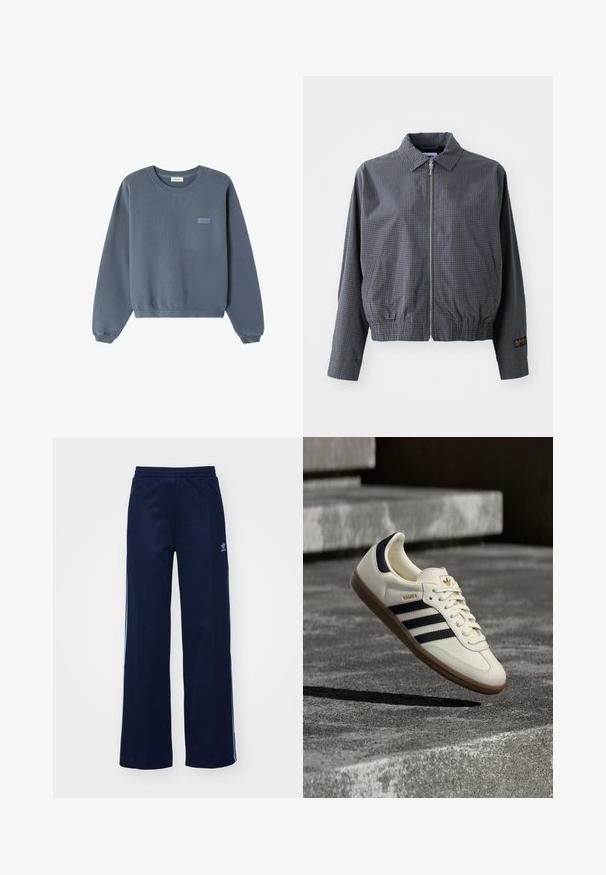 Sivá károvaná bomber bunda, ľahký materiál, zips, golier, elastický lem, bočné vrecká a kontrastný detail loga na rukáve.; Modrá bavlnená mikina s okrúhlym výstrihom, rebrovanými manžetami a spodným lemom. Na prednej strane sa nachádza malé logo "American Vintage" v svetlejšej farbe.; Námornícke nohavice z bavlneného zmesi s širokým strihom, elastickým pásom a zipsovými vreckami, s bielymi bočnými pruhmi a detailom loga.; Biela teniska Adidas Samba s čiernymi pruhmi a gumovou podrážkou, vznášajúca sa nad textúrovanými sivými betónovými schodmi.