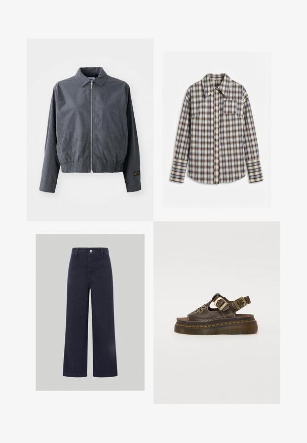 Γκρι καρό bomber jacket, ελαφρύ ύφασμα, κλείσιμο με φερμουάρ, γιακάς, ελαστική μέση, πλαϊνές τσέπες και αντίθετη λεπτομέρεια λογότυπου στο μανίκι.; Καρό πουκάμισο με κουμπιά και μακριά μανίκια σε αποχρώσεις μπλε, καφέ και κρεμ, με τσέπη στο μπροστινό μέρος του στήθους, απλωμένο επίπεδα πάνω σε λευκή επιφάνεια.; Φαρδύ παντελόνι ναυτικού χρώματος φτιαγμένο από μαλακή μείξη βαμβακιού, με κλείσιμο μπροστά με κουμπί και ραμμένες λεπτομέρειες κατά μήκος της μέσης και των τσ pockets.; Dr. Martens DUNNET - Πλατφόρμες σανδάλια - kelp brown