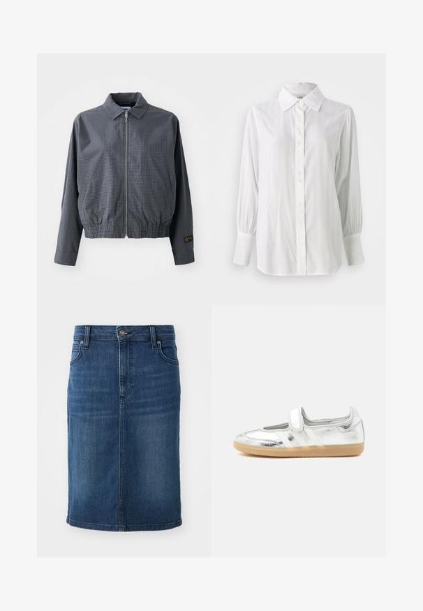 Γκρι καρό bomber jacket, ελαφρύ ύφασμα, κλείσιμο με φερμουάρ, γιακάς, ελαστική μέση, πλαϊνές τσέπες και αντίθετη λεπτομέρεια λογότυπου στο μανίκι.; Λευκό πουκάμισο με κάθετες ρίγες, μακριά φουσκωτά μανίκια και κλασικό γιακά. Διαθέτει σειρά από πέντε κουμπιά μπροστά.; Τζιν μολυβιού σε σκούρο μπλε χρώμα, με ενιαίο ύφασμα, μεσαίου μήκους κοπή, θηλιές ζώνης και μπροστινές τσέπες με φερμουάρ.; Ασημένιο μεταλλικό παπούτσι Mary Jane με λουράκι βέλκρο και μπεζ λαστιχένια σόλα, εμφανιζόμενο από την εσωτερική πλευρά σε λευκό φόντο.