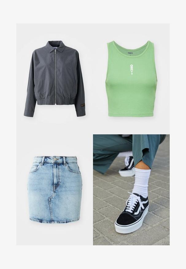 Grijze geruite bomberjack, lichtgewicht stof, ritssluiting, kraag, elastische zoom, zijzakken en contrasterend logo detail op de mouw.; Mintgroene ribgebreide crop top met een ronde halslijn. Voorzien van een witte "OBEY" logo gecentreerd aan de voorkant. De stof heeft een zachte, geweven uitstraling.; Lichtblauwe denimrok met een aansluitende pasvorm, vijf zakken, een knoop- en ritssluiting en gestikte details langs de zoom.; Zwarte suède sneaker met witte accenten en veters, uitgerust met een dikke witte zool en contrasterende stiksels, gecombineerd met een witte sok.