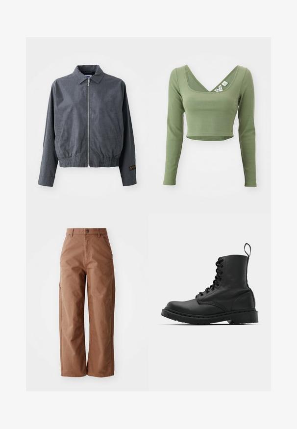 Veste bomber à carreaux gris, en tissu léger, avec fermeture éclair, col, ourlet élastique, poches latérales et détail de logo contrastant sur la manche.; Top court vert kaki à manches longues avec une texture côtelée et un large col. Étiquettes visibles au niveau du col.; Pantalons larges marron en tissu robuste. Dotés d'une taille haute, de poches avant et de détails de couture subtils.; Botte de combat en cuir noir avec un bout rond, un laçage à l'avant et une sangle au niveau de la cheville. Dispose d'une semelle en caoutchouc épaisse pour une durabilité optimale.