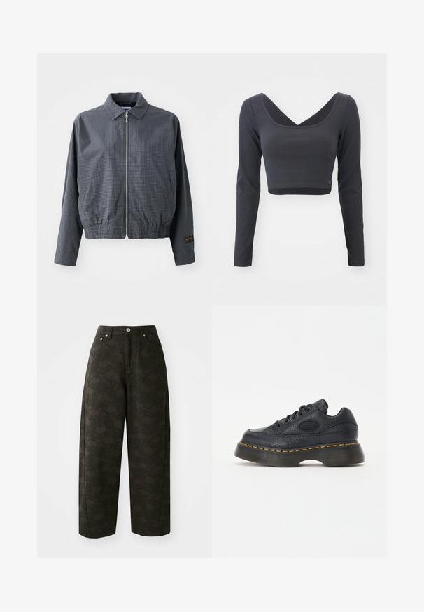 Veste bomber à carreaux gris, en tissu léger, avec fermeture éclair, col, ourlet élastique, poches latérales et détail de logo contrastant sur la manche.; Haut cropped à manches longues en tissu côtelé gris foncé. Présente un décolleté en V profond et une couleur unie avec un petit logo à l'ourlet.; Un pantalon large vert foncé présente un motif floral texturé, un design à cinq poches et des fermetures à bouton en métal à la taille.; Baskets en cuir noir avec finition texturée, bout rond et semelle épaisse. Comprend des coutures accentuées en jaune et un logo de marque sur le côté.
