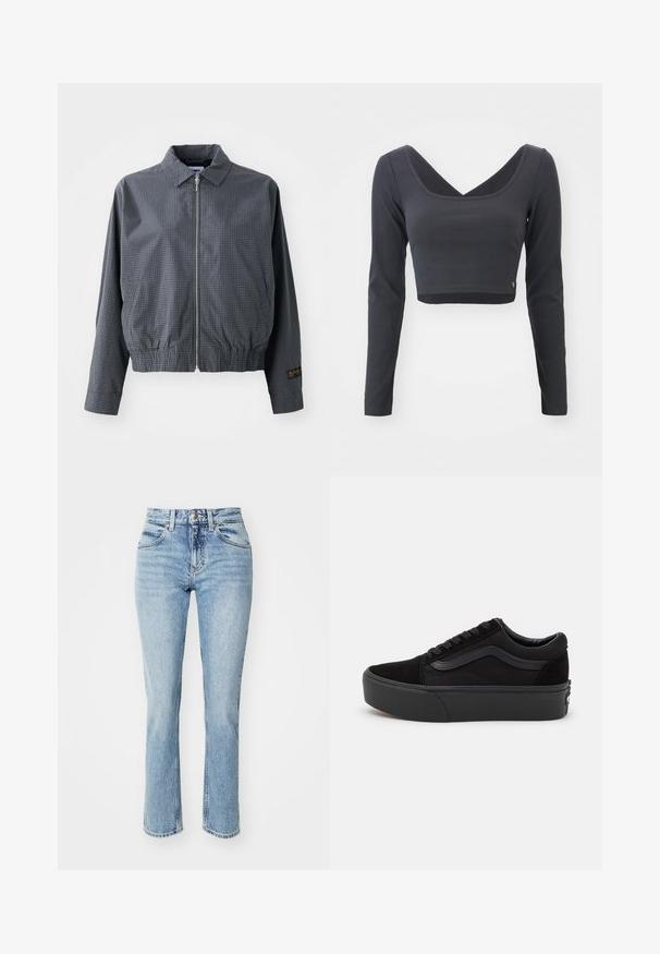 Veste bomber à carreaux gris, en tissu léger, avec fermeture éclair, col, ourlet élastique, poches latérales et détail de logo contrastant sur la manche.; Haut cropped à manches longues en tissu côtelé gris foncé. Présente un décolleté en V profond et une couleur unie avec un petit logo à l'ourlet.; Jean en denim bleu clair taille haute, coupe droite, avec un léger délavage. Présente un style classique à cinq poches et une fermeture à bouton.; Baskets noires en daim et toile, avec un bout rond, un design à lacets plats et une semelle épaisse en caoutchouc avec une subtile branding.