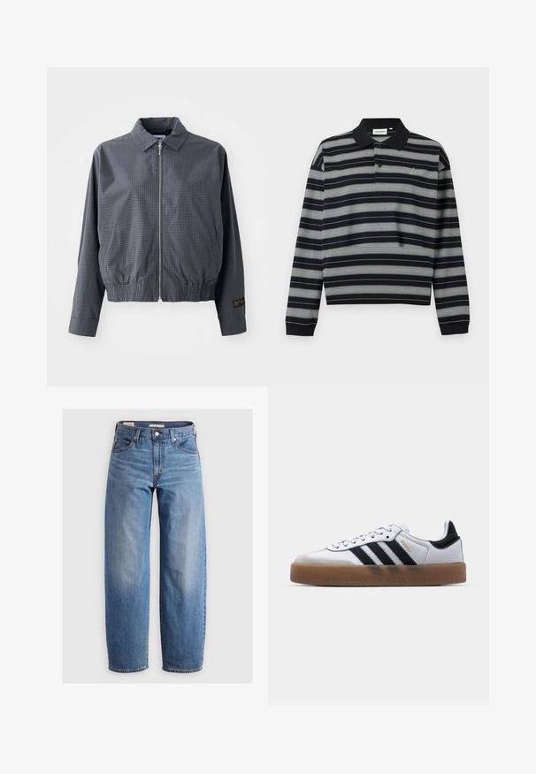 Sivá károvaná bomber bunda, ľahký materiál, zips, golier, elastický lem, bočné vrecká a kontrastný detail loga na rukáve.; Čierna polokošeľa s dlhými rukávmi s vodorovnými bielymi a sivými pruhmi, zapínanie na dva gombíky a vyšívané logo na hrudi.; Svetlomodré džínsové nohavice rovného strihu vyrobené z denimu. Obsahujú klasický dizajn s piatimi vreckami a jemné vyblednutie pozdĺž nohavíc.; Biele kožené tenisky s čiernymi pruhmi, gumová podrážka, okrúhla špička, šnurovanie a mäkký sivý semišový špička.