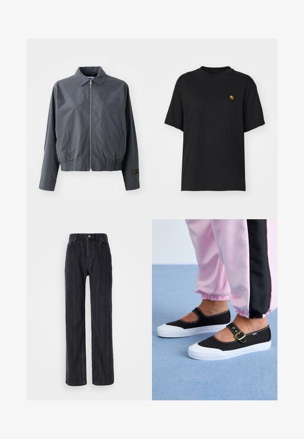 Veste bomber à carreaux gris, en tissu léger, avec fermeture éclair, col, ourlet élastique, poches latérales et détail de logo contrastant sur la manche.; T-shirt en coton noir à coupe décontractée. Présente un col rond et des manches courtes. Comprend un petit logo doré brodé sur la poitrine.; Jean en denim noir taille haute avec un motif rayé vertical, coupe droite et fermeture à bouton métallique à l'avant.; Baskets noires en toile avec une semelle blanche, présentant un design découpé et une sangle en boucle dorée. Portées avec un pantalon de survêtement rose.