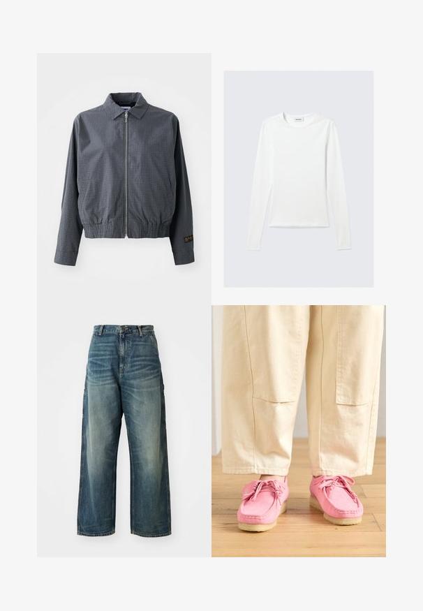 Grijze geruite bomberjack, lichtgewicht stof, ritssluiting, kraag, elastische zoom, zijzakken en contrasterend logo detail op de mouw.; Effen wit shirt met lange mouwen en ronde hals, slim fit, afgebeeld tegen een lichtgrijze achtergrond.; Wijd uitgesneden denim jeans in een vervaagde blauwe wassing. Bevat een knoopsluiting, vijf zakken en zichtbare stiksels. Materiaal heeft een zachte textuur.; Roze suède moccasin-stijl schoenen met veters, voorzien van een gestructureerd oppervlak en een lichtbeige rubberen zool, gecombineerd met beige broek.