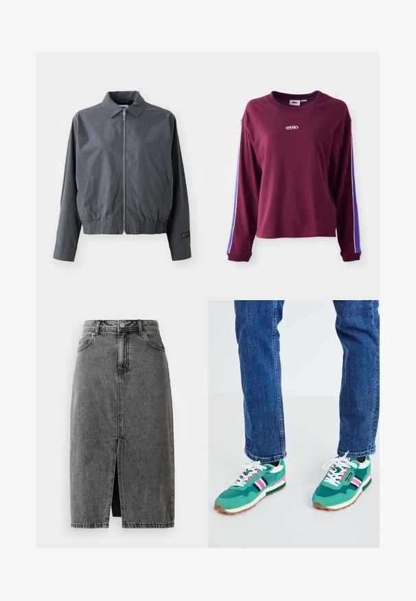 Sivá károvaná bomber bunda, ľahký materiál, zips, golier, elastický lem, bočné vrecká a kontrastný detail loga na rukáve.; Bordová košeľa s dlhým rukávom vyrobená z bavlny, s modro-bielymi pruhmi pozdĺž rukávov a logom na strede. Normálny strih.; Vysoký pás, vyblednutá čierna denimová midi sukňa s predným rozparkom, pútkami na opasok a klasickým päťvreckovým dizajnom.; Zelené športové tenisky s bielymi a námorníckymi akcentmi, detailom ružového pruhu a textúrovanou tkaninou. Šnurované bielymi šnúrkami; gumová podrážka.