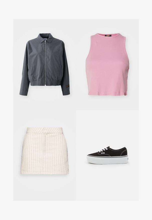 Γκρι καρό bomber jacket, ελαφρύ ύφασμα, κλείσιμο με φερμουάρ, γιακάς, ελαστική μέση, πλαϊνές τσέπες και αντίθετη λεπτομέρεια λογότυπου στο μανίκι.; Ροζ ριγέ crop top με στρογγυλή λαιμόκοψη και χωρίς μανίκια. Περιλαμβάνει στρίφωμα που τελειώνει λίγο πάνω από τη μέση.; Κρέμα φαρδύς φούστα με λεπτές κόκκινες κατακόρυφες ρίγες, με εφαρμοστό σχέδιο και ίσια στριφώματα. Φτιαγμένη από ελαφρύ ύφασμα.; Μαύρο καστόρινο αθλητικό παπούτσι με λευκή καουτσούκ πλατφόρμα, που διαθέτει λευκές κορδόνες και ραφές, εμβληματική σήμανση στο πλάι, σε χαμηλό σχεδιασμό.
