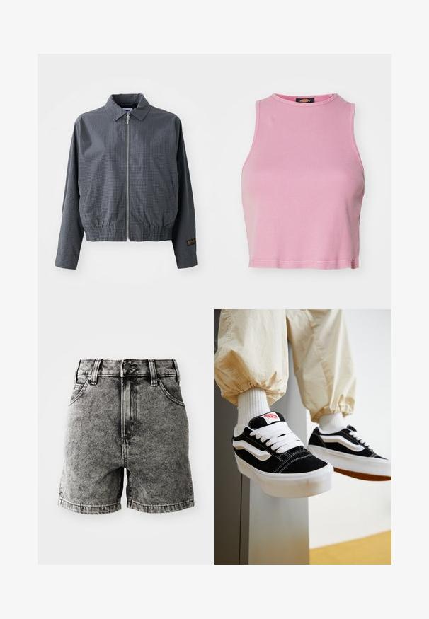 Γκρι καρό bomber jacket, ελαφρύ ύφασμα, κλείσιμο με φερμουάρ, γιακάς, ελαστική μέση, πλαϊνές τσέπες και αντίθετη λεπτομέρεια λογότυπου στο μανίκι.; Ροζ ριγέ crop top με στρογγυλή λαιμόκοψη και χωρίς μανίκια. Περιλαμβάνει στρίφωμα που τελειώνει λίγο πάνω από τη μέση.; Μαύρες τζιν σορτς με ψηλή μέση, σχέδιο πέντε τσέπες και φθαρμένη υφή με ορατή ραφή και μεταλλικές λεπτομέρειες.; Άτομο που φοράει μαύρα και λευκά Vans sneakers με λευκά κορδόνια, λευκές κάλτσες και μπεζ παντελόνι με ελαστικές μανσέτες.