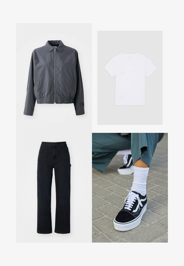 Grijze geruite bomberjack, lichtgewicht stof, ritssluiting, kraag, elastische zoom, zijzakken en contrasterend logo detail op de mouw.; Effen wit T-shirt met korte mouwen, van achter gepresenteerd op een lichtgrijze achtergrond, met een ronde halslijn en zonder zichtbare logo's of ontwerpen.; Zwarte denim broek met een recht gesneden ontwerp, featuring een hoge taille, standaard knoopsluiting en zijzakken.; Zwarte suède sneaker met witte accenten en veters, uitgerust met een dikke witte zool en contrasterende stiksels, gecombineerd met een witte sok.