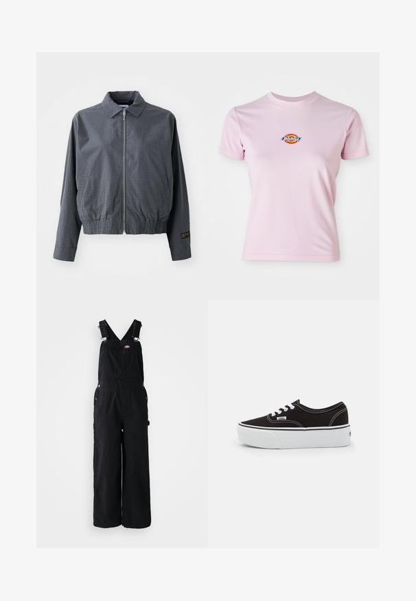 Chaqueta bomber a cuadros grises, de tejido ligero, con cierre de cremallera, cuello, dobladillo elástico, bolsillos laterales y detalle de logo en contraste en la manga.; Camiseta de algodón rosa con mangas cortas, escote redondo y un pequeño logotipo circular en colores rojo, amarillo y azul en el pecho.; Pantalones de mezclilla negra tipo overoles con piernas anchas, tirantes ajustables, bolsillo frontal y detalles de metal plateado. Textura suave, diseño minimalista.; Zapatilla de lona negra con suela de plataforma de goma blanca, que presenta cordones y costuras blancas, con branding icónico en el lateral, diseño de corte bajo.
